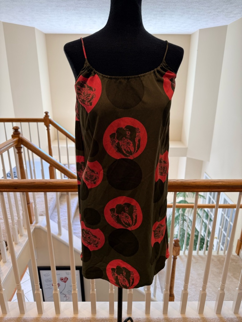 Olive Green Slip Dress with Coral Floral Accents